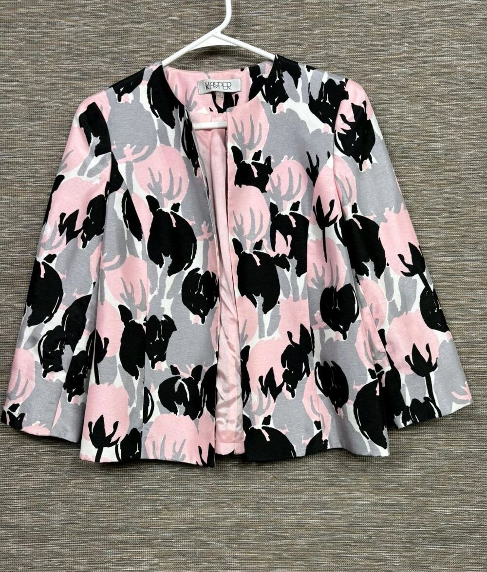 Kasper Career Jacket Blazer Black Pink White Graphic Garden Surf Mluti Size 4